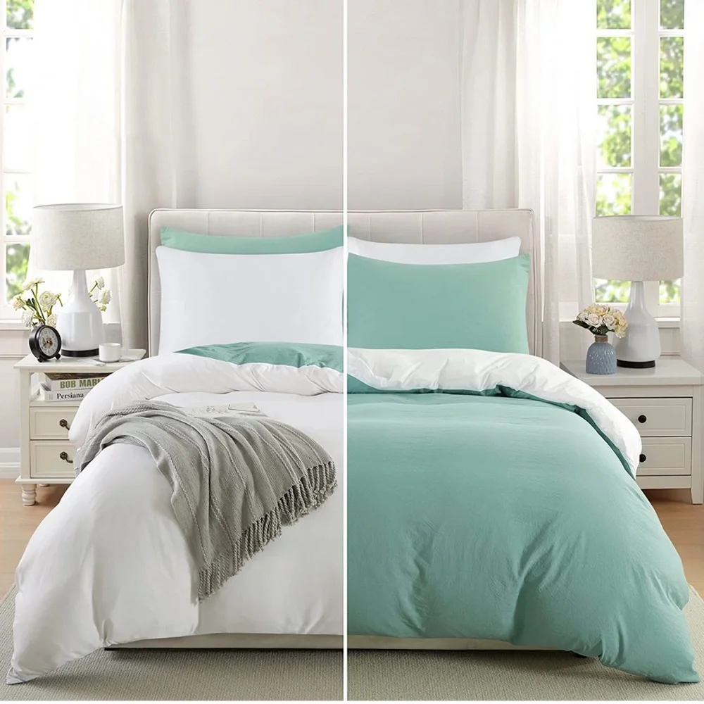 3 Pieces Cooling Duvet Cover Bedding Set, Reversible (Queen,White/Green)